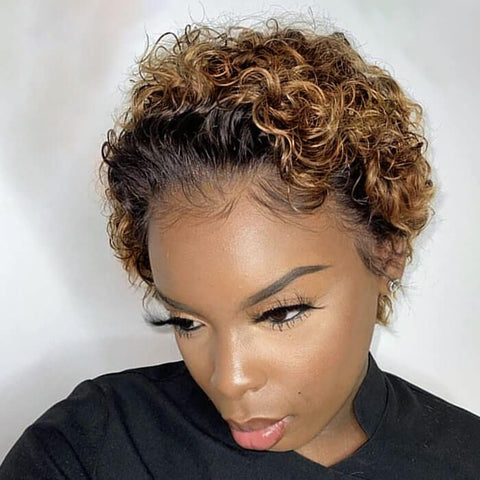 Wear and Go Wigs Short Pixie Cut Curly Wigs Ombre Pre Cut Lace Human Hair Wigs