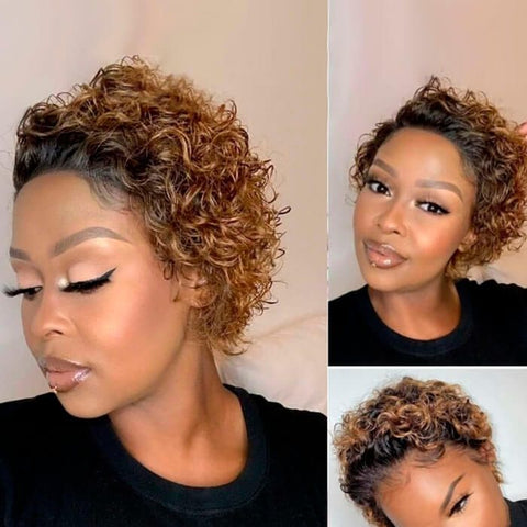 Wear and Go Wigs Short Pixie Cut Curly Wigs Ombre Pre Cut Lace Human Hair Wigs
