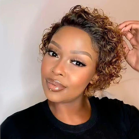 Wear and Go Wigs Short Pixie Cut Curly Wigs Ombre Pre Cut Lace Human Hair Wigs
