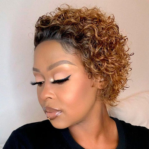 Wear and Go Wigs Short Pixie Cut Curly Wigs Ombre Pre Cut Lace Human Hair Wigs