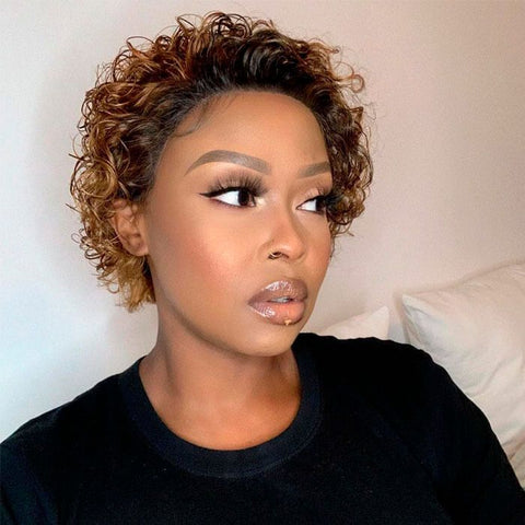 Wear and Go Wigs Short Pixie Cut Curly Wigs Ombre Pre Cut Lace Human Hair Wigs