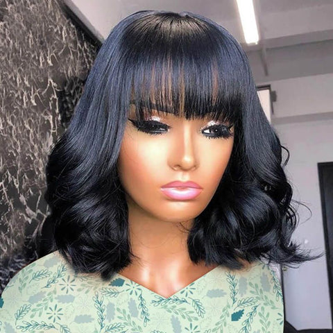 Soft Wavy Curls Human Hair On Short Bob Wig With Bangs