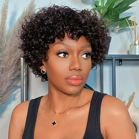 Short Pixie Cut Bouncy Curly Bob Wigs With Bangs Lace Front Human Hair Wigs