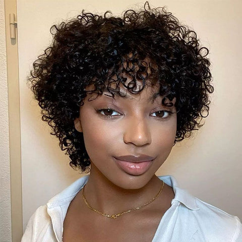 Short Pixie Cut Bouncy Curly Bob Wigs With Bangs Lace Front Human Hair Wigs