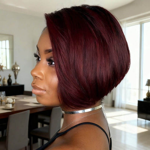 Pixie Cut Bob Wigs with Side Part Burgundy Ombre Lace Front Human Hair Wigs