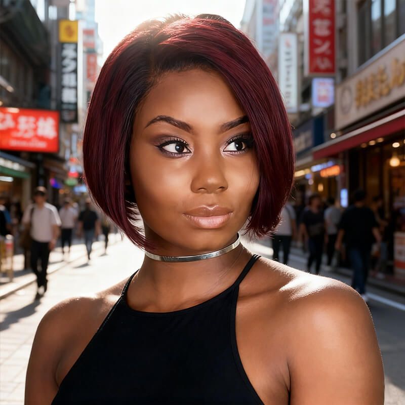 Pixie Cut Bob Wigs with Side Part Burgundy Ombre Lace Front Human Hair Wigs