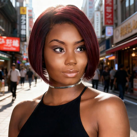 Pixie Cut Bob Wigs with Side Part Burgundy Ombre Lace Front Human Hair Wigs