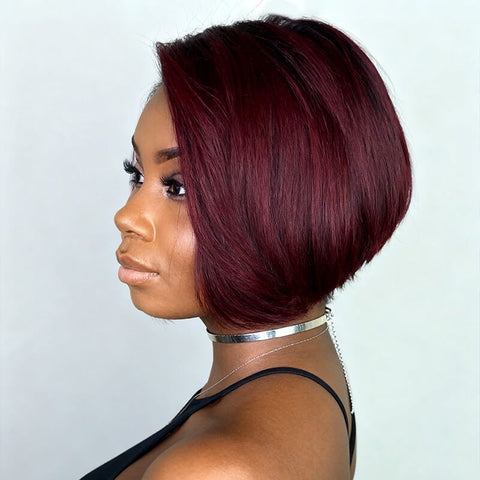 Pixie Cut Bob Wigs with Side Part Burgundy Ombre Lace Front Human Hair Wigs