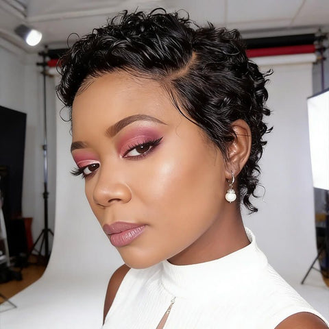 Pixie Cut Short Curly Bob Wigs with Side Part Lace Front Human Hair Wigs