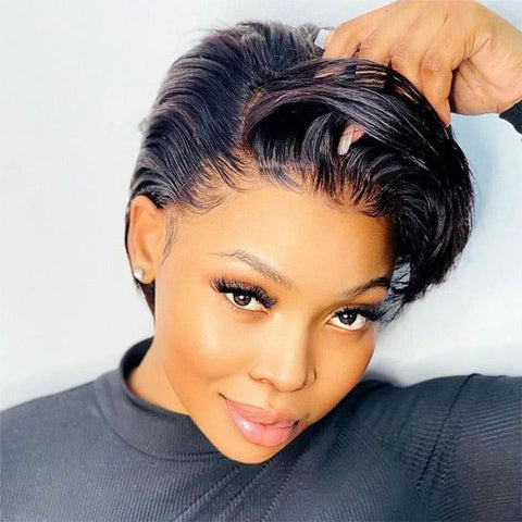 Pixie Cut Short Bob Wigs with Side Part Natural Black Lace Front Human Hair Wigs
