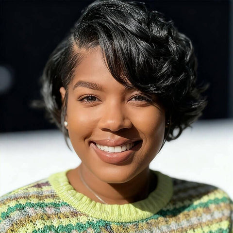 Pixie Cut Short Bob Wigs with Side Part Natural Black Lace Front Human Hair Wigs