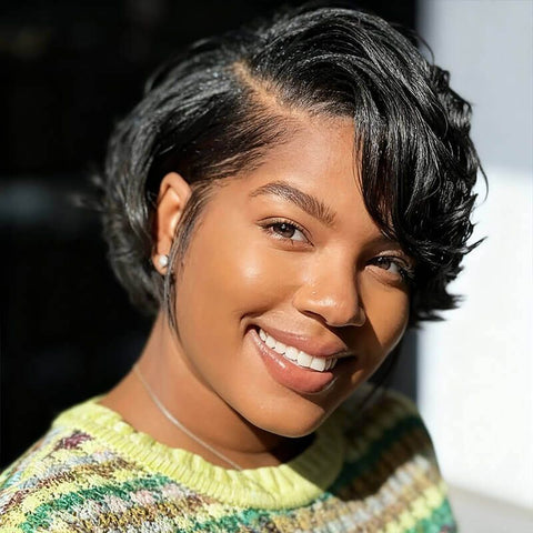 Pixie Cut Short Bob Wigs with Side Part Natural Black Lace Front Human Hair Wigs