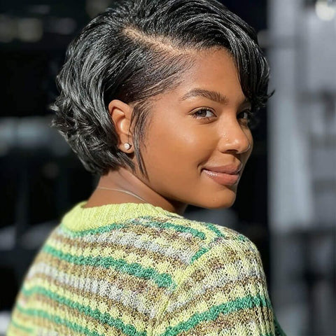 Pixie Cut Short Bob Wigs with Side Part Natural Black Lace Front Human Hair Wigs