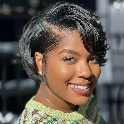 Pixie Cut Short Bob Wigs with Side Part Natural Black Lace Front Human Hair Wigs