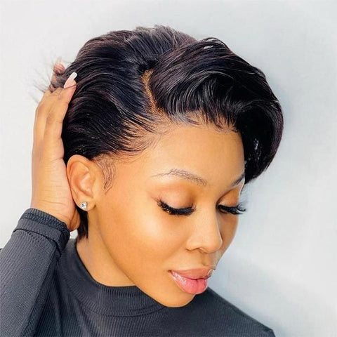 Pixie Cut Short Bob Wigs with Side Part Natural Black Lace Front Human Hair Wigs