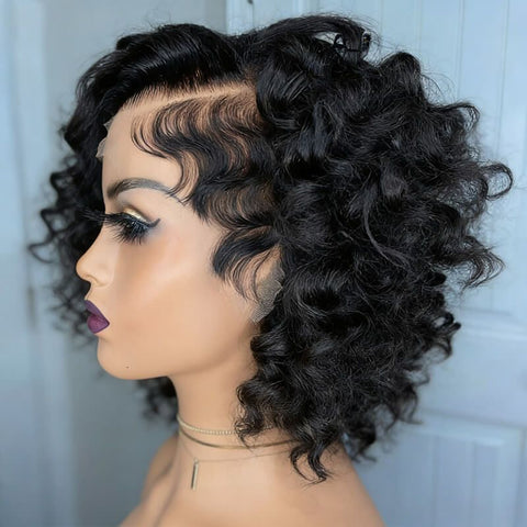 Glueless Pixie Cut Curly Bob Wigs with Side Part Lace Front Human Hair Wigs