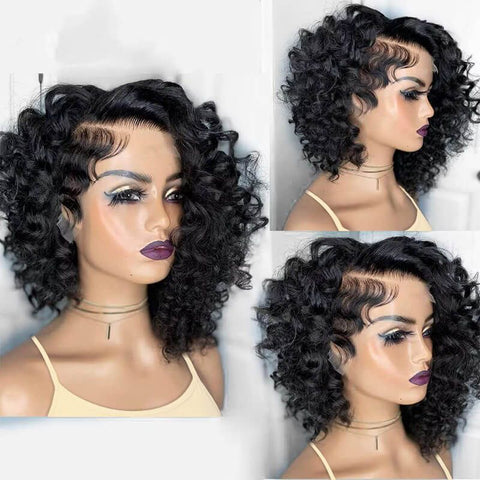 Glueless Pixie Cut Curly Bob Wigs with Side Part Lace Front Human Hair Wigs