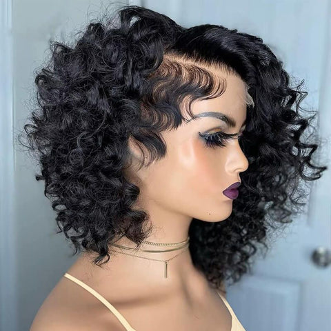 Glueless Pixie Cut Curly Bob Wigs with Side Part Lace Front Human Hair Wigs