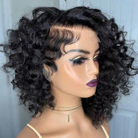 Glueless Pixie Cut Curly Bob Wigs with Side Part Lace Front Human Hair Wigs