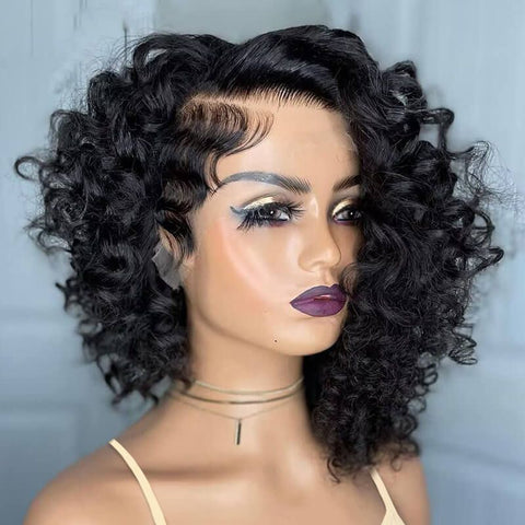 Glueless Pixie Cut Curly Bob Wigs with Side Part Lace Front Human Hair Wigs