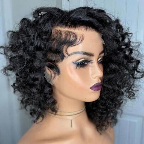 Glueless Pixie Cut Curly Bob Wigs with Side Part Lace Front Human Hair Wigs