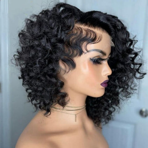 Glueless Pixie Cut Curly Bob Wigs with Side Part Lace Front Human Hair Wigs