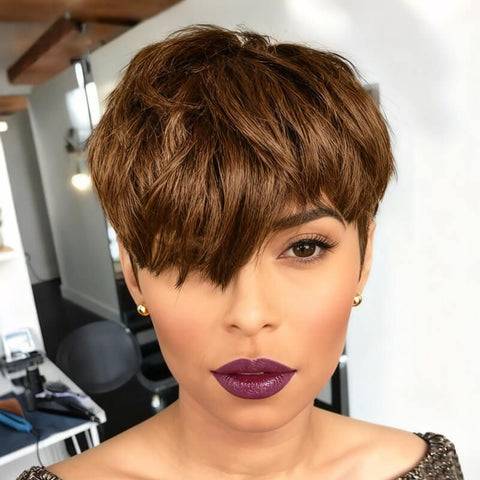 Pixie Cut Short Brown Bob Wigs With Bangs Lace Front Human Hair Wigs