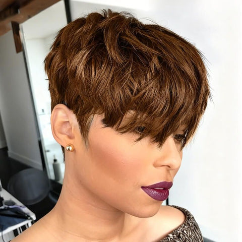 Pixie Cut Short Brown Bob Wigs With Bangs Lace Front Human Hair Wigs