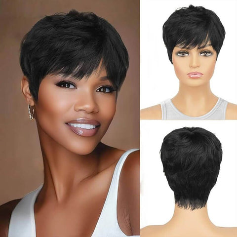 Pixie Cut Short Layered Bob Wigs With Bangs Glueless Human Hair Wigs