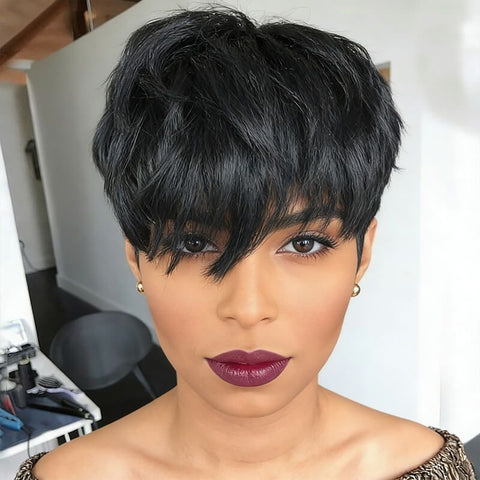 Pixie Cut Short Layered Bob Wigs With Bangs Glueless Human Hair Wigs