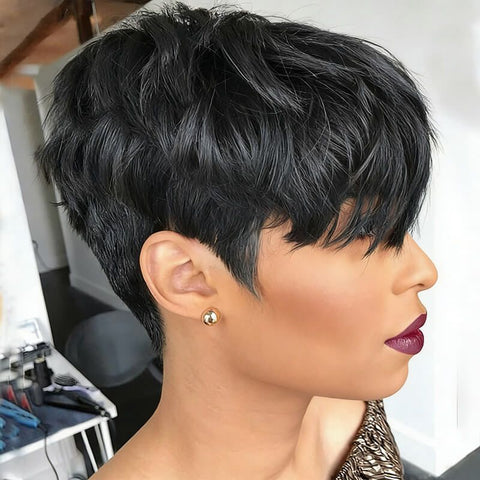 Pixie Cut Short Layered Bob Wigs With Bangs Glueless Human Hair Wigs