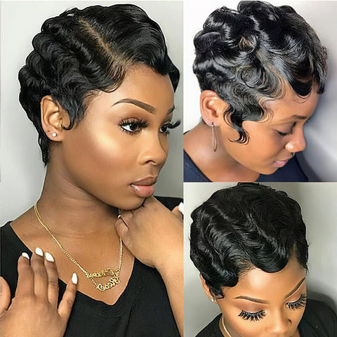 Pixie Cut Finger Waves Short Bob Wigs with Side Part Lace Front Human Hair Wigs