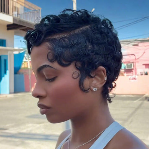 Pixie Cut Finger Waves Short Bob Wigs with Side Part Lace Front Human Hair Wigs