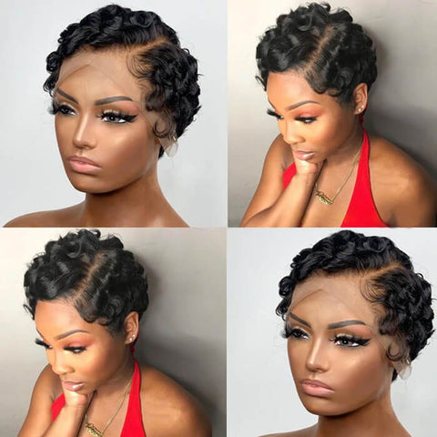 Pixie Cut Finger Waves Short Bob Wigs with Side Part Lace Front Human Hair Wigs