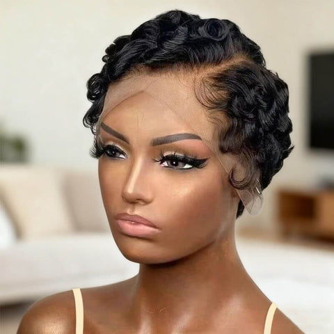 Pixie Cut Finger Waves Short Bob Wigs with Side Part Lace Front Human Hair Wigs
