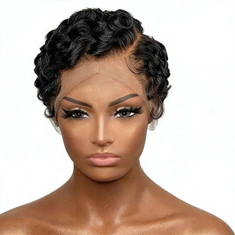Pixie Cut Finger Waves Short Bob Wigs with Side Part Lace Front Human Hair Wigs