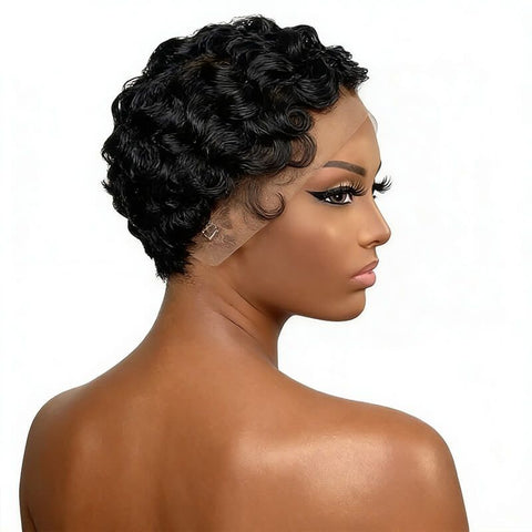 Pixie Cut Finger Waves Short Bob Wigs with Side Part Lace Front Human Hair Wigs