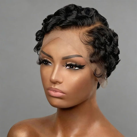 Pixie Cut Finger Waves Short Bob Wigs with Side Part Lace Front Human Hair Wigs