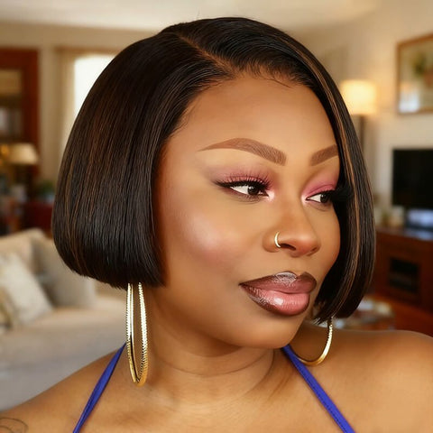 Golden Brown Highlight Straight Short Bob Wigs with Side Part Human Hair Wigs