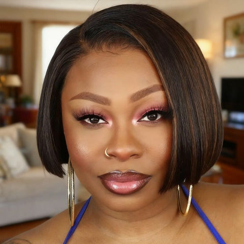 Golden Brown Highlight Straight Short Bob Wigs with Side Part Human Hair Wigs