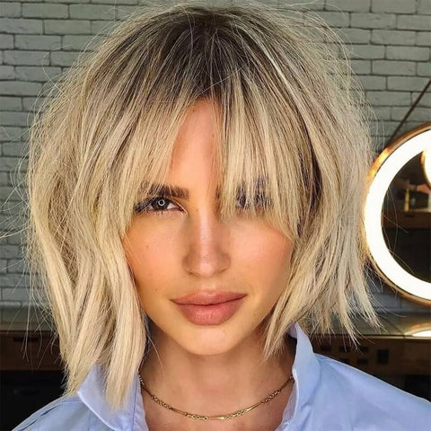 Ombre Blonde Short Bob Wigs With Bangs Lace Front Human Hair Wigs