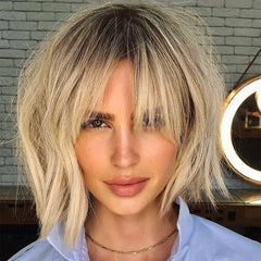 Ombre Blonde Short Bob Wigs With Bangs Lace Front Human Hair Wigs