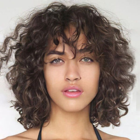Brown Short Curly Bob Wigs With Bangs Glueless Human Hair Wigs