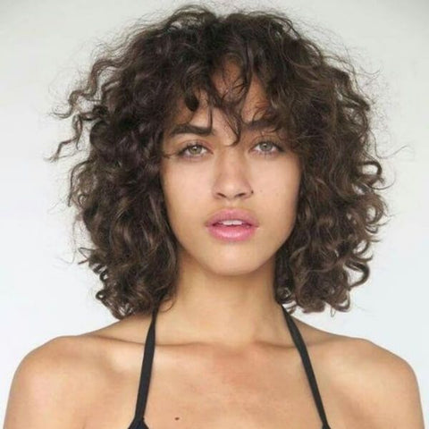 Brown Short Curly Bob Wigs With Bangs Glueless Human Hair Wigs