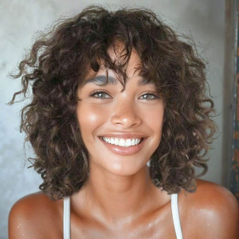 Brown Short Curly Bob Wigs With Bangs Glueless Human Hair Wigs