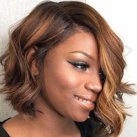 Asymmetrical Short Bob Wigs with Side Part Highlights Lace Front Human Hair Wigs