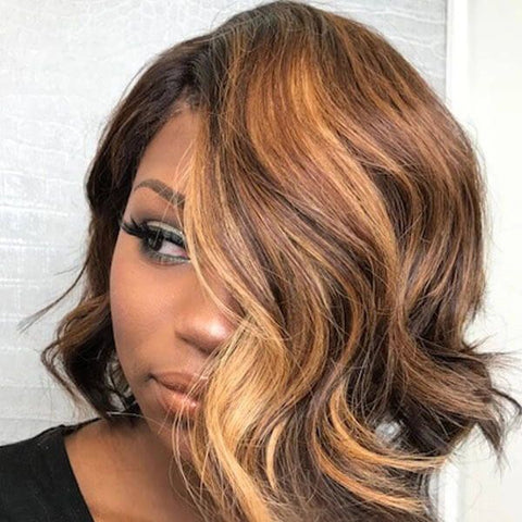 Asymmetrical Short Bob Wigs with Side Part Highlights Lace Front Human Hair Wigs