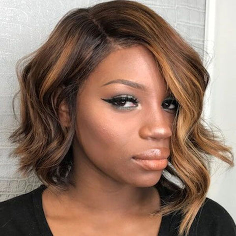 Asymmetrical Short Bob Wigs with Side Part Highlights Lace Front Human Hair Wigs