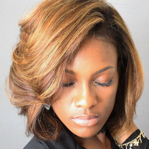 Short Bob Brown with Blonde Highlights Lace Front Human Hair Wigs