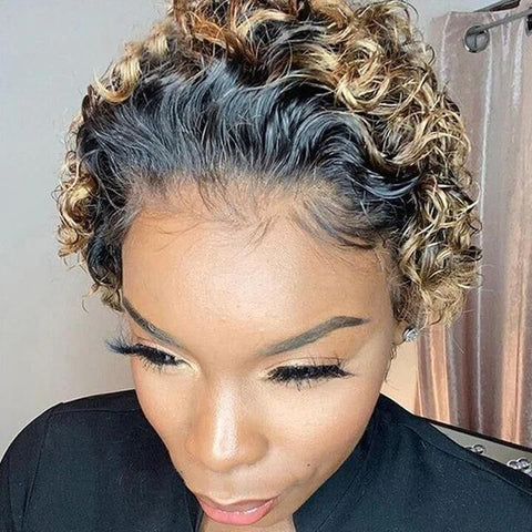 Ombre Honey Blonde Pixie Cut Curly Bob Wig Human Hair Wigs